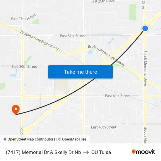 (7417) Memorial Dr & Skelly Dr Nb to OU Tulsa map