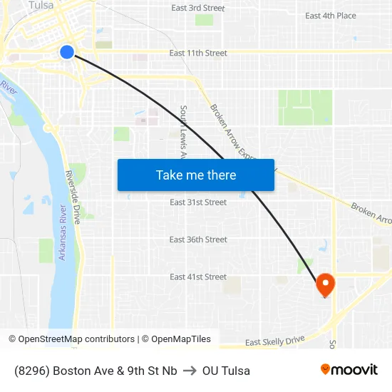 (8296) Boston Ave & 9th St Nb to OU Tulsa map
