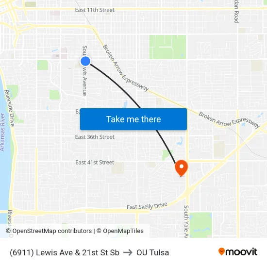 (6911) Lewis Ave & 21st St Sb to OU Tulsa map