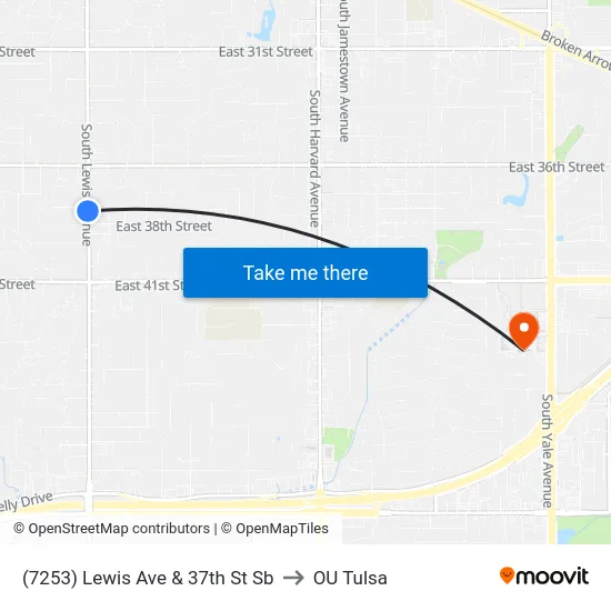 (7253) Lewis Ave & 37th St Sb to OU Tulsa map