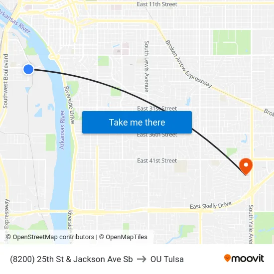 (8200) 25th St & Jackson Ave Sb to OU Tulsa map