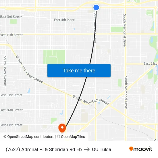 (7627) Admiral Pl & Sheridan Rd Eb to OU Tulsa map