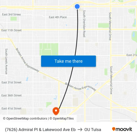 (7626) Admiral Pl & Lakewood Ave Eb to OU Tulsa map
