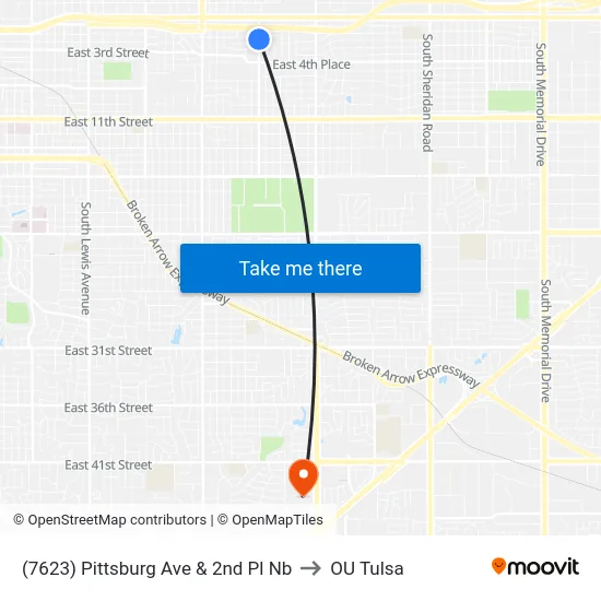 (7623) Pittsburg Ave & 2nd Pl Nb to OU Tulsa map