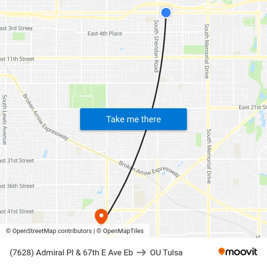 (7628) Admiral Pl & 67th E Ave Eb to OU Tulsa map