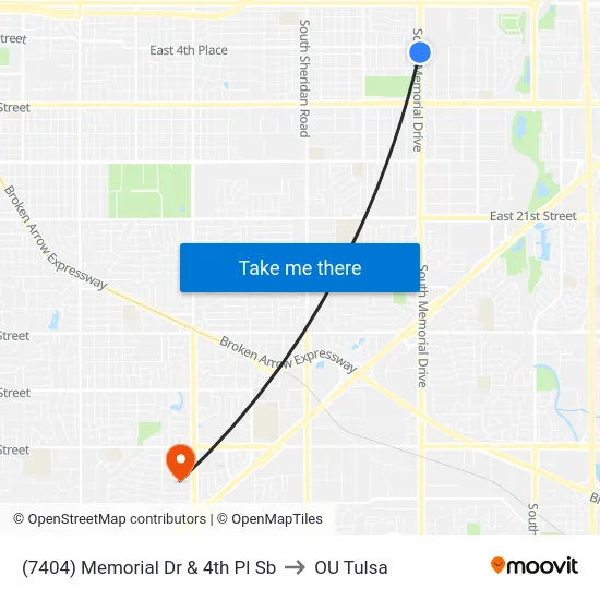 (7404) Memorial Dr & 4th Pl Sb to OU Tulsa map