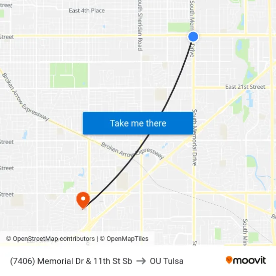 (7406) Memorial Dr & 11th St Sb to OU Tulsa map