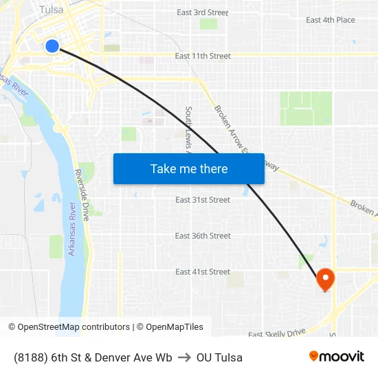 (8188) 6th St & Denver Ave Wb to OU Tulsa map