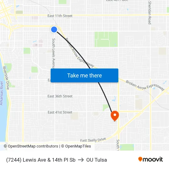 (7244) Lewis Ave & 14th Pl Sb to OU Tulsa map