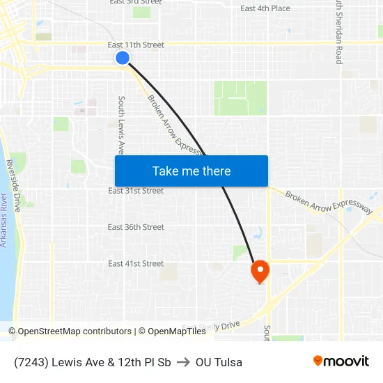 (7243) Lewis Ave & 12th Pl Sb to OU Tulsa map