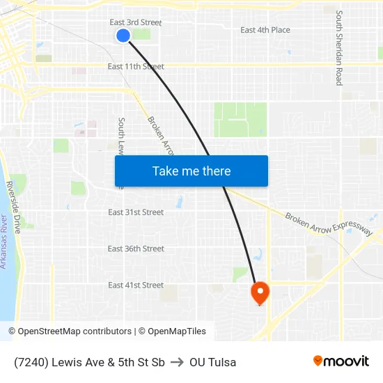 (7240) Lewis Ave & 5th St Sb to OU Tulsa map