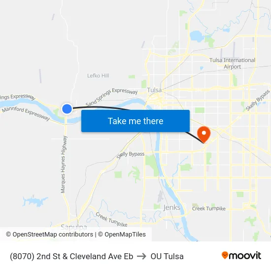 (8070) 2nd St & Cleveland Ave Eb to OU Tulsa map