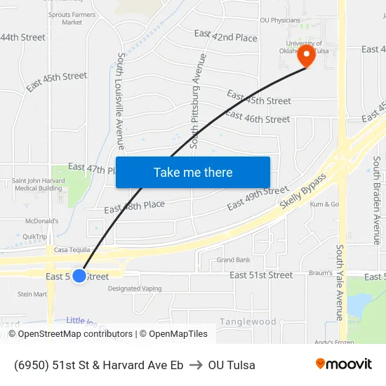 (6950) 51st St & Harvard Ave Eb to OU Tulsa map