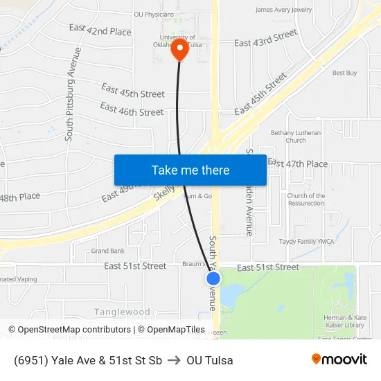 (6951) Yale Ave & 51st St Sb to OU Tulsa map