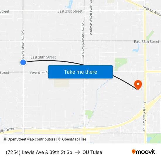 (7254) Lewis Ave & 39th St Sb to OU Tulsa map