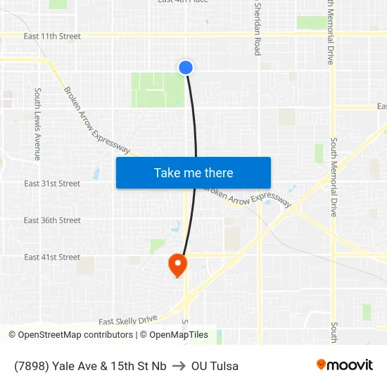 (7898) Yale Ave & 15th St Nb to OU Tulsa map