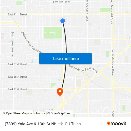 (7899) Yale Ave & 13th St Nb to OU Tulsa map