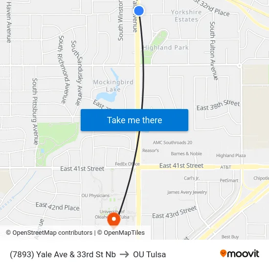 (7893) Yale Ave & 33rd St Nb to OU Tulsa map