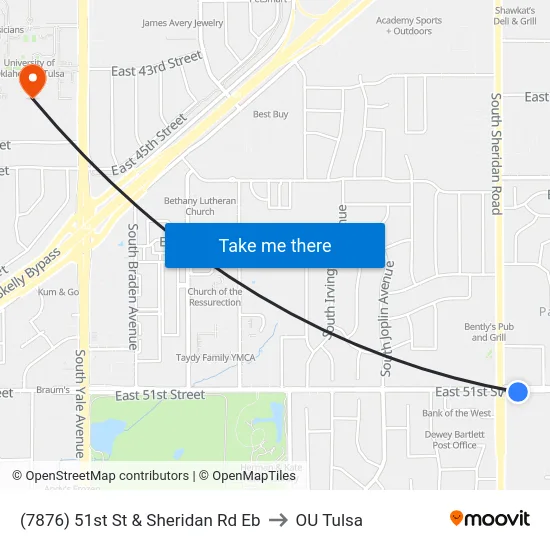 (7876) 51st St & Sheridan Rd Eb to OU Tulsa map
