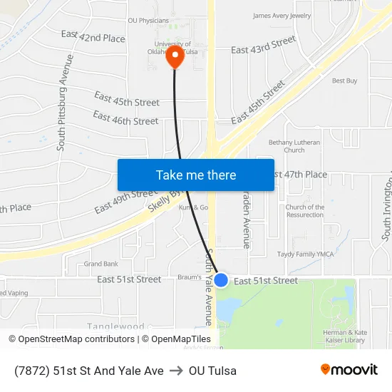 (7872) 51st St And Yale Ave to OU Tulsa map