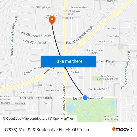 (7873) 51st St & Braden Ave Eb to OU Tulsa map