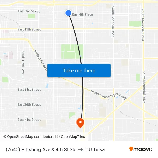 (7640) Pittsburg Ave & 4th St Sb to OU Tulsa map