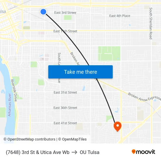 (7648) 3rd St & Utica Ave Wb to OU Tulsa map