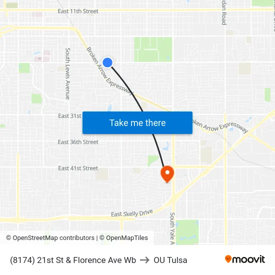 (8174) 21st St & Florence Ave Wb to OU Tulsa map