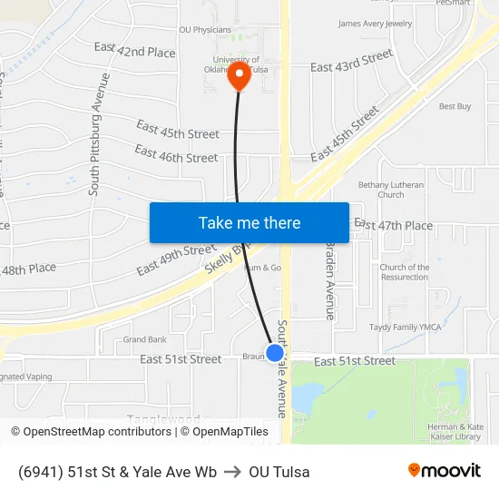 (6941) 51st St & Yale Ave Wb to OU Tulsa map