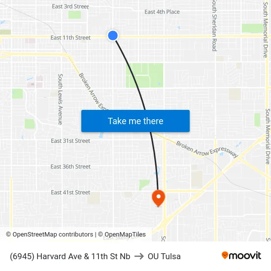 (6945) Harvard Ave & 11th St Nb to OU Tulsa map