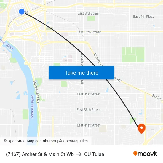 (7467) Archer St & Main St Wb to OU Tulsa map