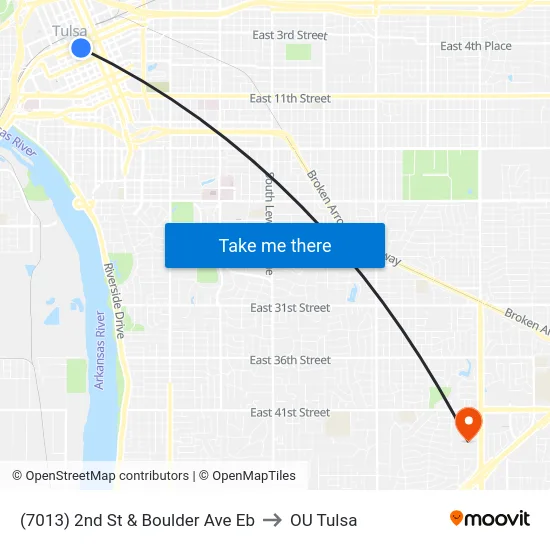 (7013) 2nd St & Boulder Ave Eb to OU Tulsa map