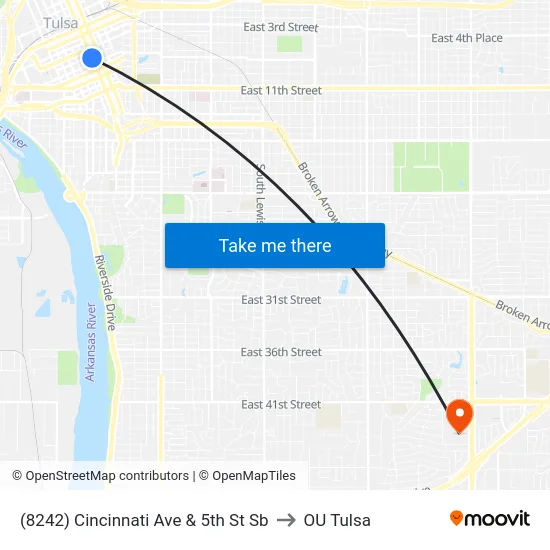 (8242) Cincinnati Ave & 5th St Sb to OU Tulsa map