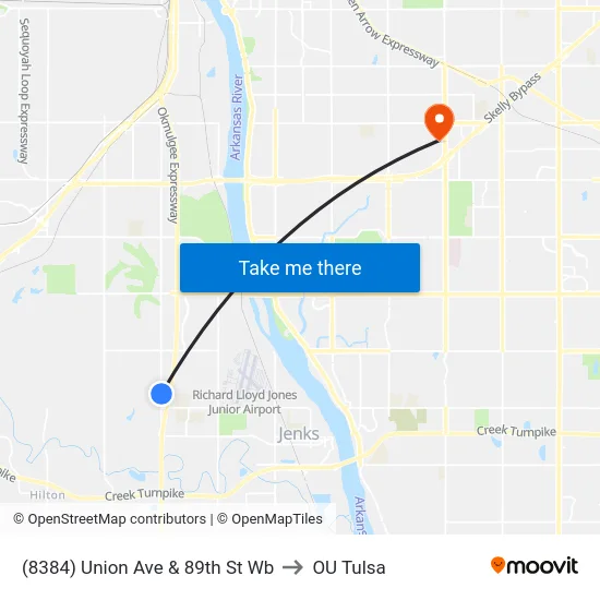 (8384) Union Ave & 89th St Wb to OU Tulsa map