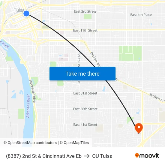 (8387) 2nd St & Cincinnati Ave Eb to OU Tulsa map
