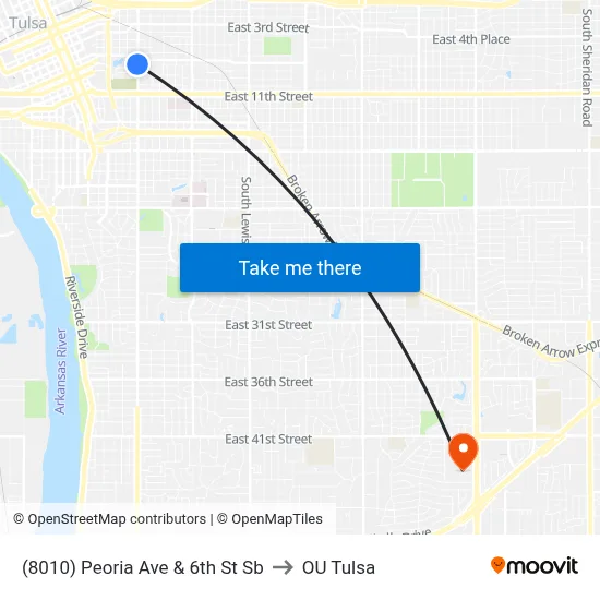 (8010) Peoria Ave & 6th St Sb to OU Tulsa map