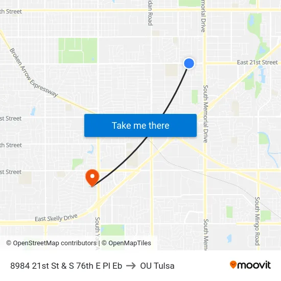 8984 21st St & S 76th E Pl Eb to OU Tulsa map