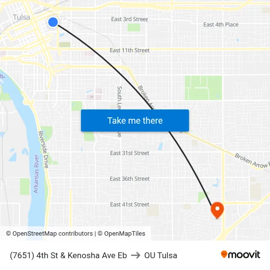 (7651) 4th St & Kenosha Ave Eb to OU Tulsa map