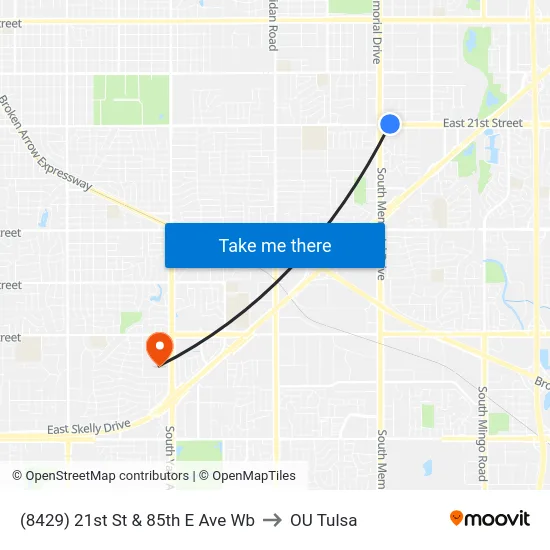 (8429) 21st St & 85th E Ave Wb to OU Tulsa map