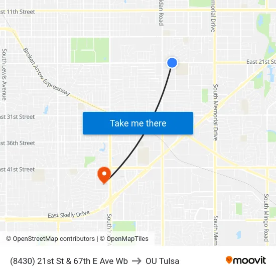 (8430) 21st St & 67th E Ave Wb to OU Tulsa map