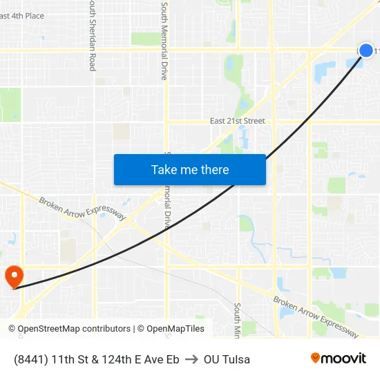(8441) 11th St & 124th E Ave Eb to OU Tulsa map