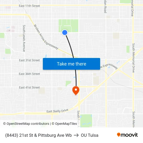 (8443) 21st St & Pittsburg Ave Wb to OU Tulsa map