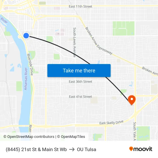 (8445) 21st St & Main St Wb to OU Tulsa map