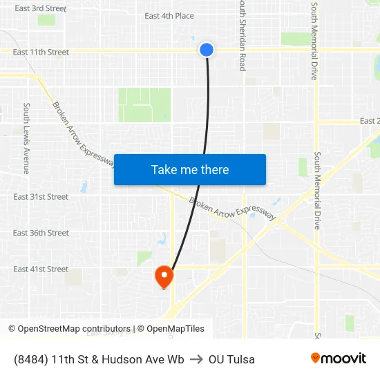 (8484) 11th St & Hudson Ave Wb to OU Tulsa map