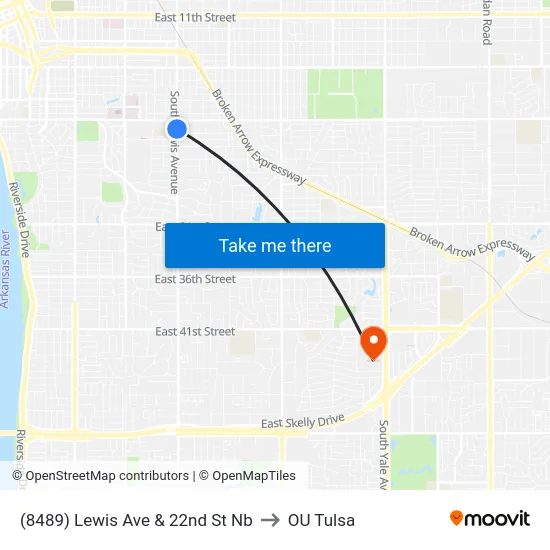 (8489) Lewis Ave & 22nd St Nb to OU Tulsa map