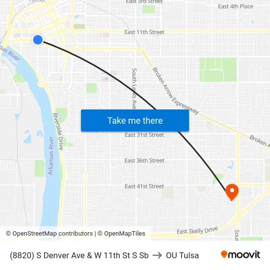 (8820) S Denver Ave & W 11th St S Sb to OU Tulsa map