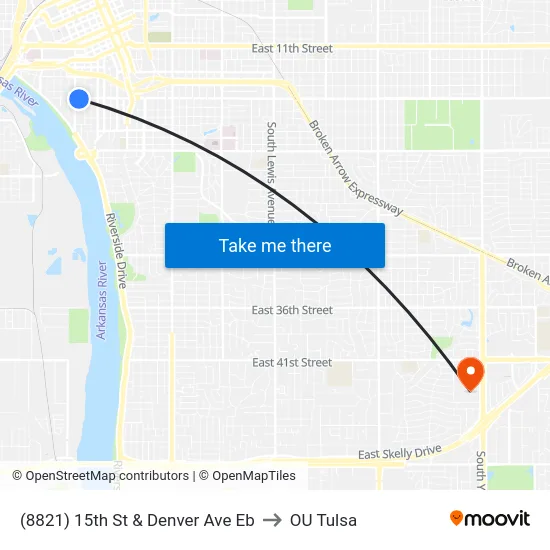 (8821) 15th St & Denver Ave Eb to OU Tulsa map