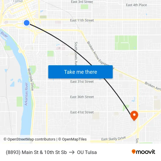 (8893) Main St & 10th St Sb to OU Tulsa map