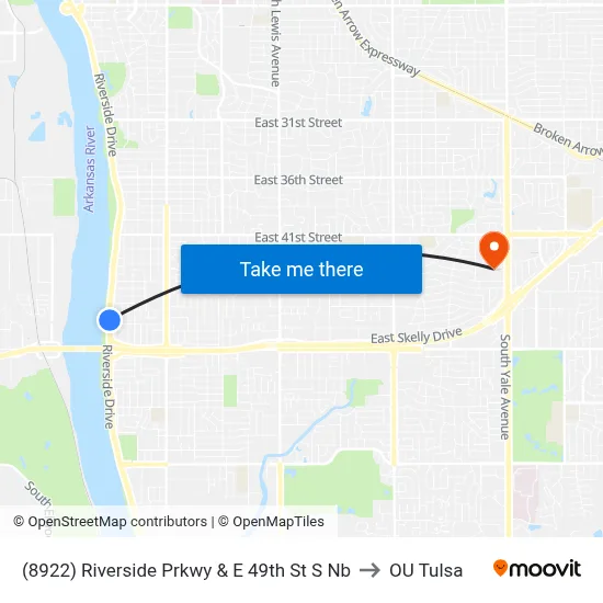 (8922) Riverside Prkwy & E 49th St S Nb to OU Tulsa map