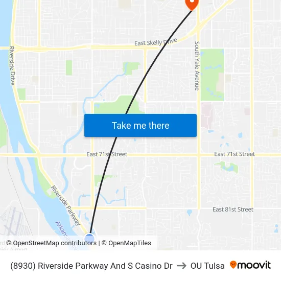 (8930) Riverside Parkway And S Casino Dr to OU Tulsa map